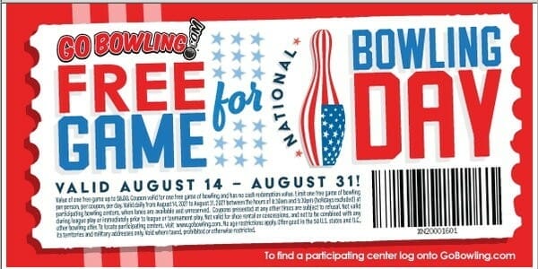 National Bowling Day 2021 Free Game Couponee game of bowling - every day from August 14 - August 3