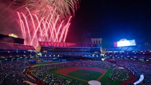 WATCH THEMED FIREWORKS FROM THE FIELD Sit in awe on the field as you watch Oakland A's fireworks after seven games in 2019. Following each fireworks game, fans will be invited to sit on the outfield grass to enjoy the dazzling sky high show.