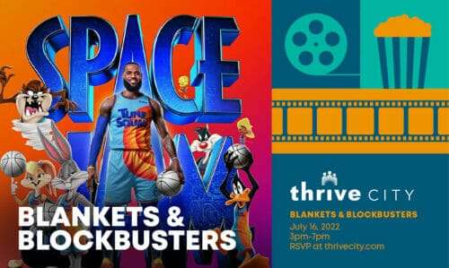 Blankets and Blockbusters Space Jam A New Legacy, free summer kids movies at Thrive City (Chase Center).